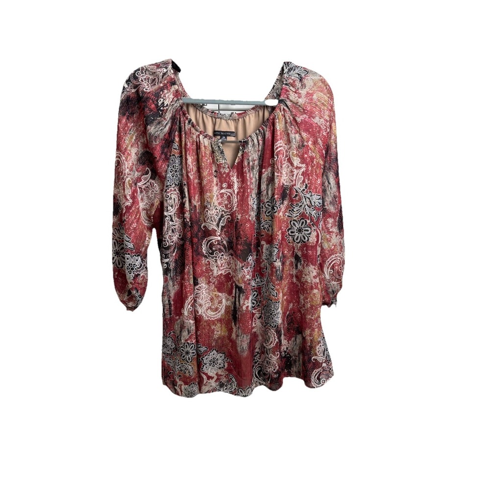 Sara Michelle Women's Earth Toned Peasant Top Size 2X Sheer 3/4 Sleeves